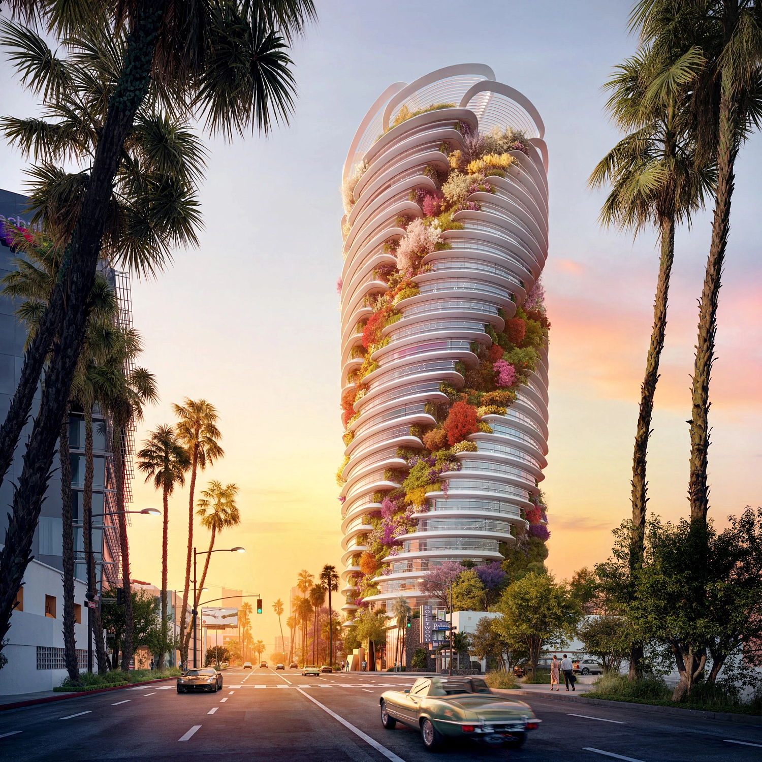 Foster + Partners проектирует голливудские офисы со спиральными террасами, покрытыми растениями